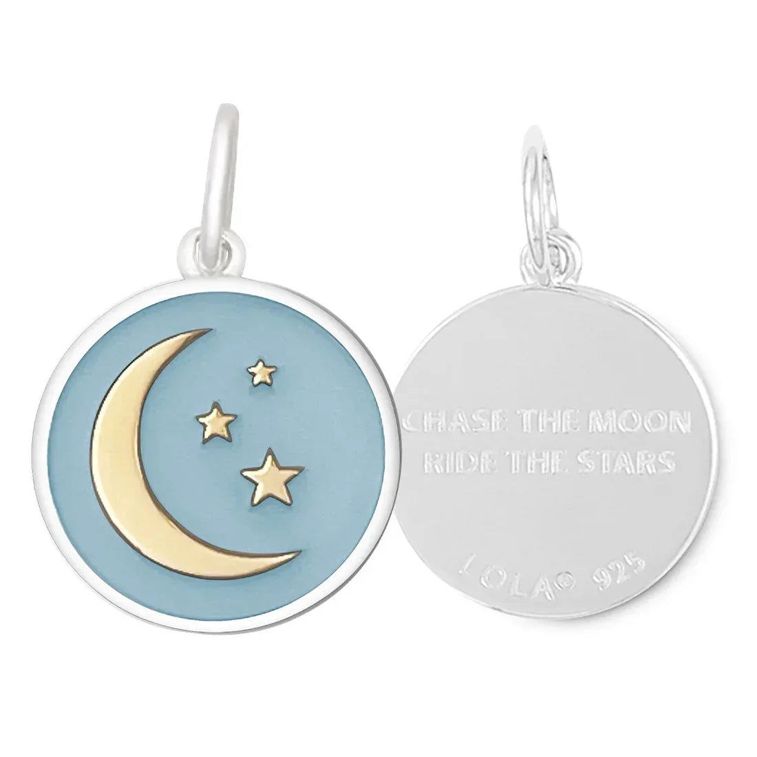 Pendant with moon and star design on a blue background, engraved text on the back.
