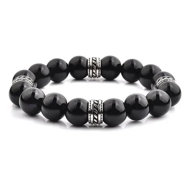 Natural Stone and Stainless Steel Stretch Bracelet- Onyx