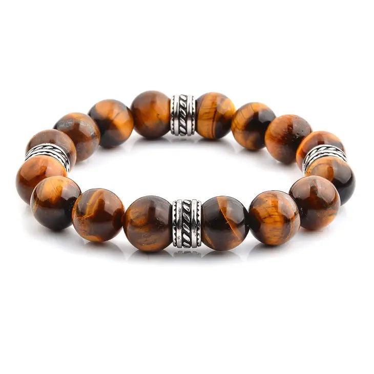 Natural Stone and Stainless Steel Stretch Bracelet- Tigers Eye