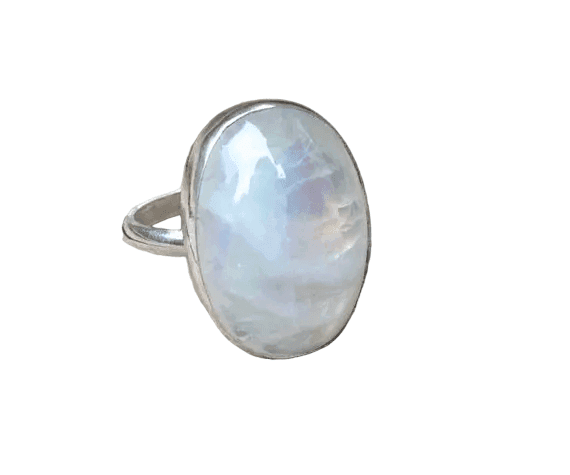 Oval White Rainbow Moonstone Sterling Silver Statement Ring