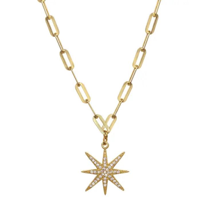 Pave Star on Paper Clip Chain Necklace